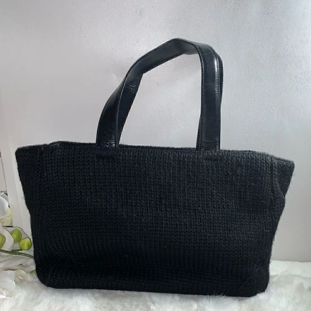 Authentic Prada Knit Leather Trim Satchel Black